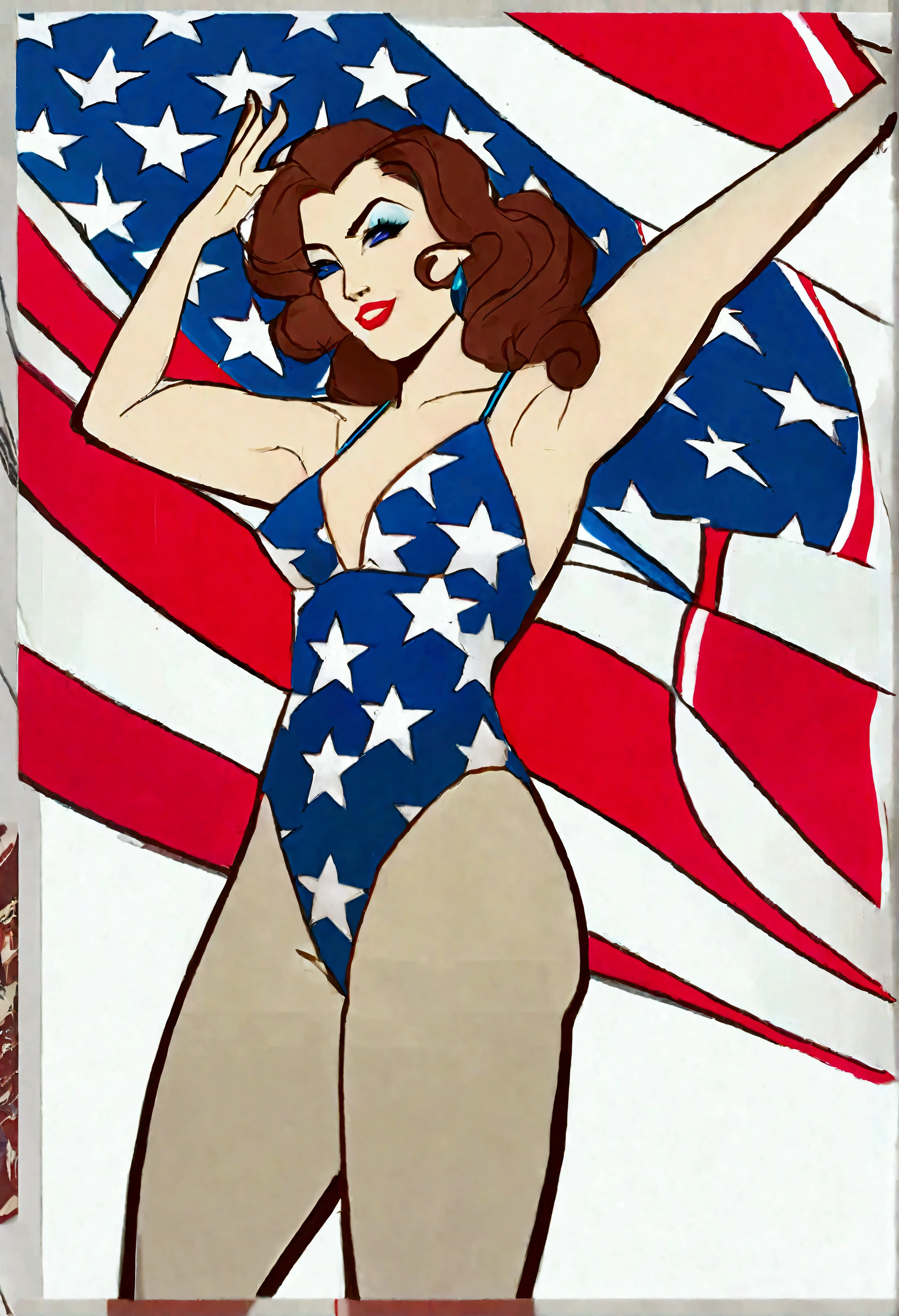 (fay wray, age 25, bombshell swimsuit american flag pattern, waving an american flag), American flag in the background, flirty joyous poses