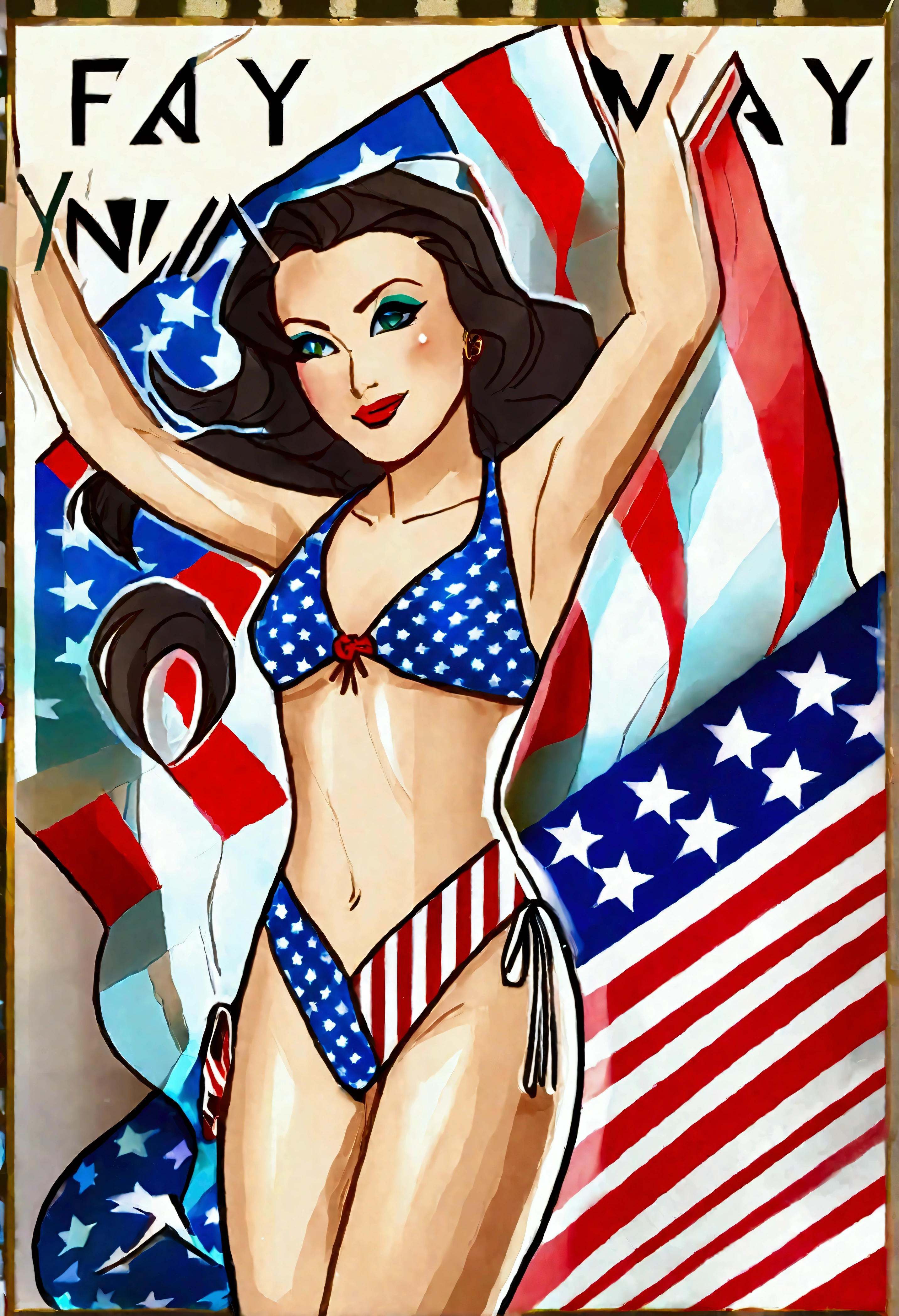 (fay wray, age 25, bombshell swimsuit american flag pattern, waving an american flag), American flag in the background, flirty joyous poses
