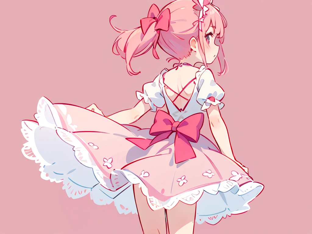 (masterpiece:1.2), best quality, highres, original, (extremely detailed:1.2), ultra-detailed, wallpaper, perfect lighting,(extremely detailed CG:1.2), 8k, 1boy, solo, crossdressing, tomgirl, kawaii, (twintails, pink hair:1.1), (Lolita Fashion, pink lolita dress, short-sleeves, bowknot on waistline, lace hemline, knee-length dress, delicate dress:1.2), (anatomically correct:1.3), (standing, close-up, from behind, view of back, back-angle, dreamlike background, pink background, girly background, sakura patterns:1.2)
