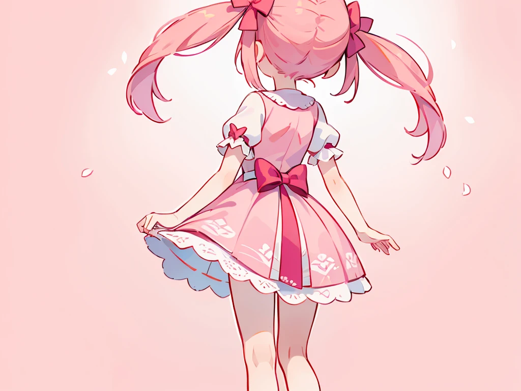 (masterpiece:1.2), best quality, highres, original, (extremely detailed:1.2), ultra-detailed, wallpaper, perfect lighting,(extremely detailed CG:1.2), 8k, 1boy, solo, crossdressing, tomgirl, kawaii, (twintails, pink hair:1.1), (ta Fashion, pink loliress, short-sleeves, bowknot on waistline, lace hemline, knee-length dress, delicate dress:1.2), (anatomically correct:1.3), (standing, close-up, from behind, view of back, back-angle, dreamlike background, pink background, girly background, sakura patterns:1.2)