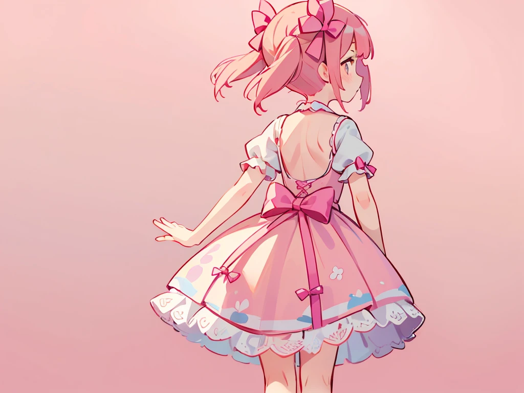 (masterpiece:1.2), best quality, highres, original, (extremely detailed:1.2), ultra-detailed, wallpaper, perfect lighting,(extremely detailed CG:1.2), 8k, 1boy, solo, crossdressing, tomgirl, kawaii, (twintails, pink hair:1.1), (Lolita Fashion, pink lolita dress, short-sleeves, bowknot on waistline, lace hemline, knee-length dress, delicate dress:1.2), (anatomically correct:1.3), (standing, close-up, from behind, view of back, back-angle, dreamlike background, pink background, girly background, sakura patterns:1.2)