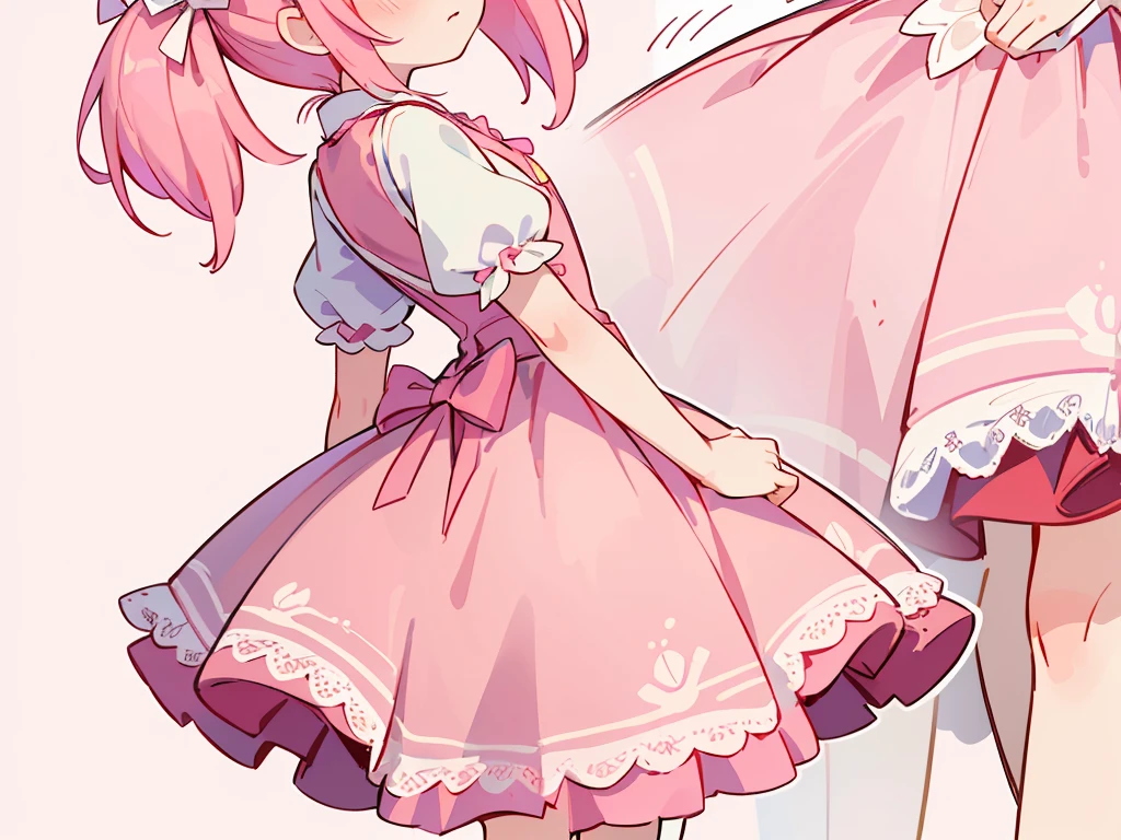 (masterpiece:1.2), best quality, highres, original, (extremely detailed:1.2), ultra-detailed, wallpaper, perfect lighting,(extremely detailed CG:1.2), 8k, 1boy, solo, crossdressing, tomgirl, kawaii, (twintails, pink hair:1.1), (Lolita Fashion, pink lolita dress, short-sleeves, bowknot on waistline, lace hemline, knee-length dress, delicate dress:1.2), (anatomically correct:1.3), (standing, close-up, from behind, view of back, back-angle, dreamlike background, pink background, girly background, sakura patterns:1.2)
