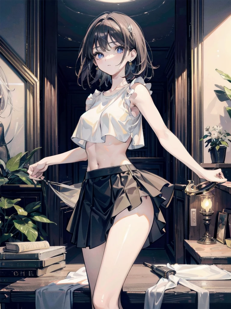 absurdres, RAW photo, extremely delicate and beautiful, masterpiece, Best Quality, ultra high resolution, 32k, hyperrealistic, ultra-detailed, perfect anatomy, super Detailed skin, perfect figure, Super Beauty, Perfect Style, Perfect balance, Beautiful Lighting, Perfect Lightning, Realistic Shadows, 20 years old, very Slim body, narrow waist, very small head, very small face, delicate facial features, handsome detailed woman, very detailed eyes and face, realistic face proportions, Realistic beautiful face, Realistic beautiful eyes, tearful mole, earring, very huge round breasts, whole legs, medium hair, asymmetrical hair, whole body shot, indoor, (t-shirt), crop top, skirt, sleeveless,