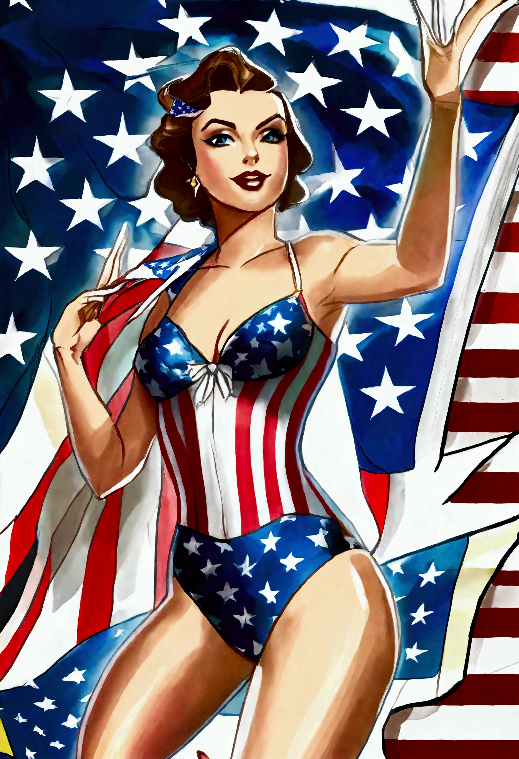 (fay wray, age 25, bombshell swimsuit american flag pattern, waving an american flag), American flag in the background, flirty joyous poses