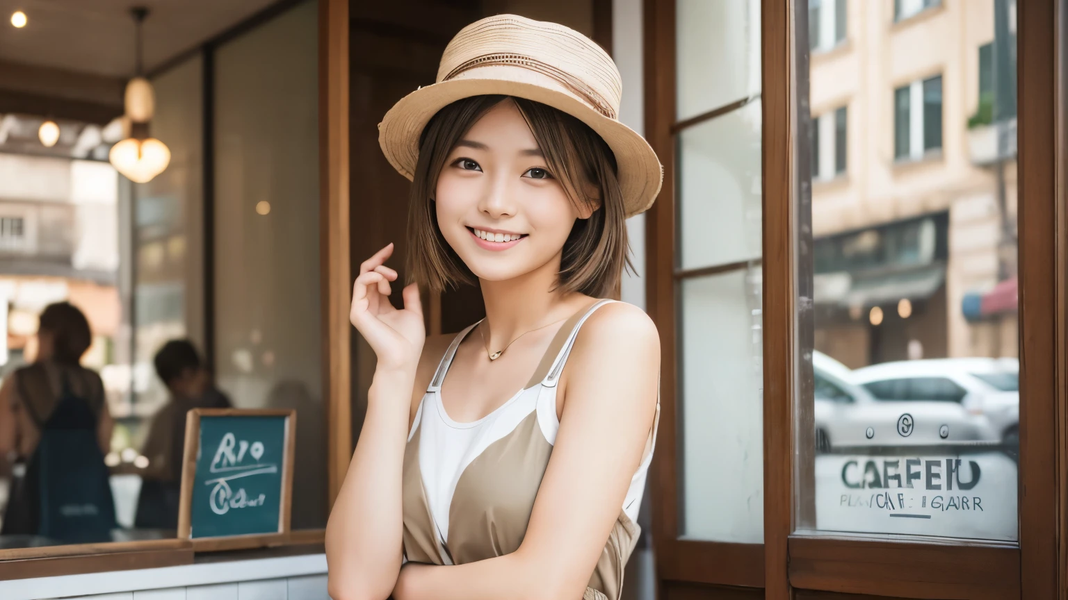 super high quality, thinのネックレス, thin, Gravure photo session, The staff is working at the counter in the back.., (8k、RAW Photos、Highest quality、masterpiece:1.2), Japanese Idols, Sportswear, Stylish cafe, People having fun at the cafe々Bustling with., (Realistic、Realistic:1.37), Mesh Hair, Wear a hat, Urban Cafe, Golden Ratio, RAW Photos, Cute Face , Light brown hair, Small breasts, Bright cafe interior, Summer clothes, Cafe Terrace, Open Cafe, A kind smile, Hair blowing in the wind, Dress neatly, boyish, Very short hair, 18-year-old, younger sister, Fashionable clothes, 

