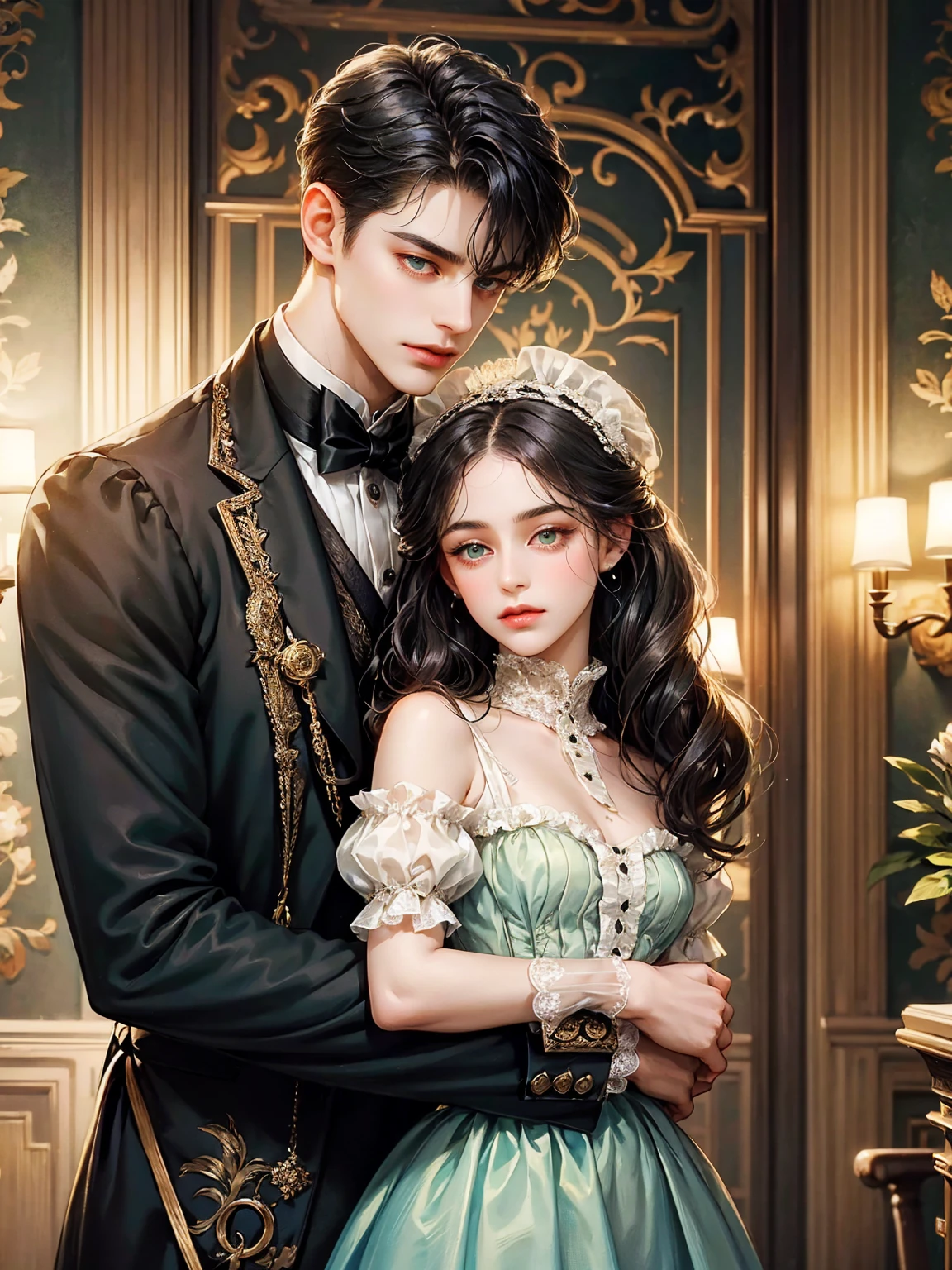 Couple, 1 girl 1 boy. Different hair color, chignon black hair and green eyes, small breast, victorian era unglued dress, short black hair, wavy hair and (sky blu eyes) , male Victorian era dress. They look at the viewers. They hug. Background inside of a hall