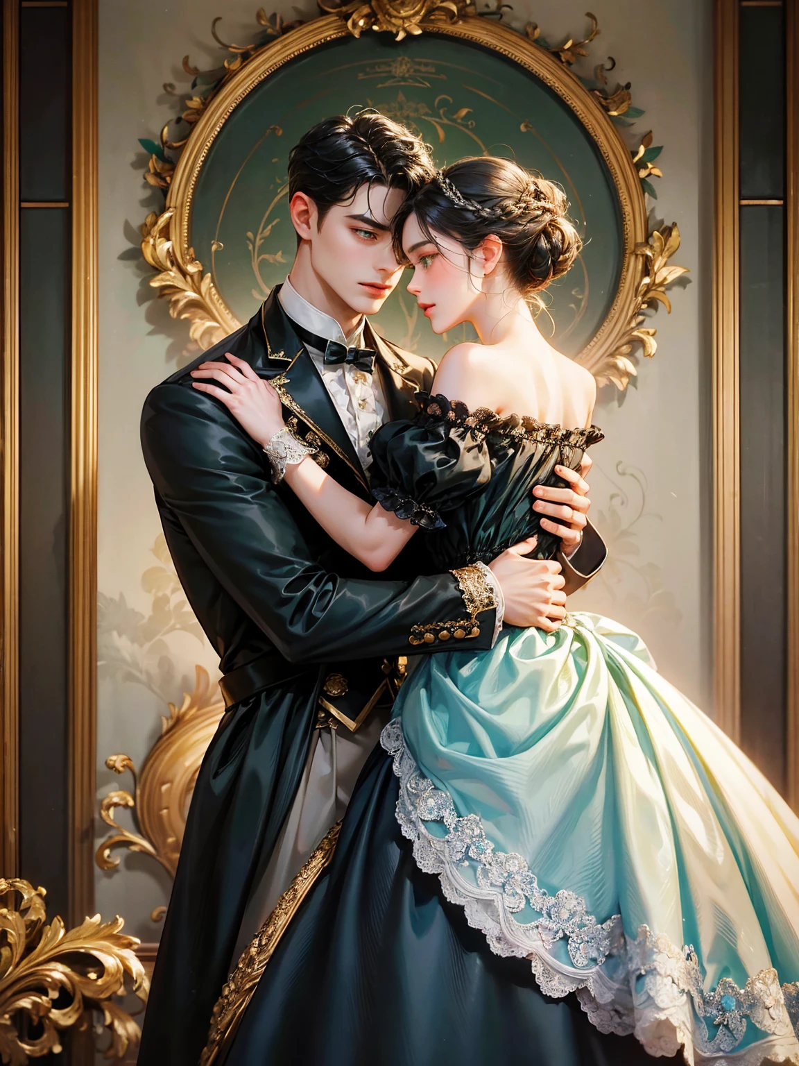 Couple, 1 girl 1 boy. Different hair color, chignon black hair and green eyes, small breast, victorian era unglued dress, short black hair, wavy hair and (sky blu eyes) , male Victorian era dress. They look at the viewers. They hug. Background inside of a hall
