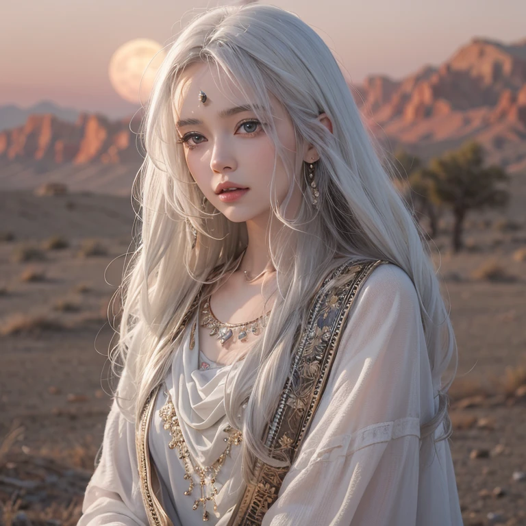 (Highest quality、masterpiece、8k、Best image quality、Ultra-high resolution、Award-winning works)、A beautiful white-haired woman watches over us from afar in the desert.........., Where the moonlight shines.、Ancient Islamic clothing、Beautiful face drawn in every detail