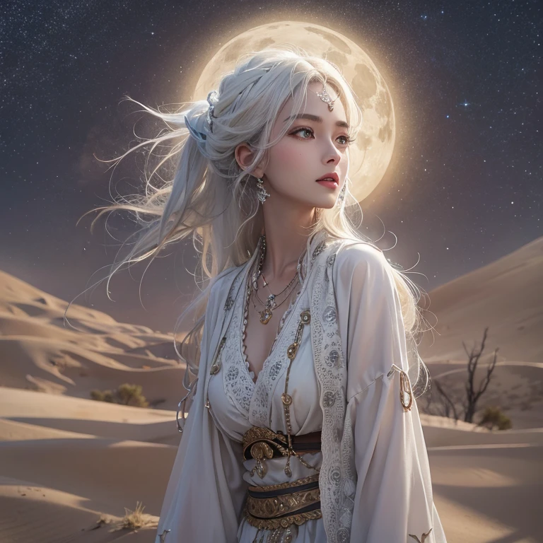 (Highest quality、masterpiece、8k、Best image quality、Ultra-high resolution、Award-winning works)、A beautiful white-haired woman watches over us from afar in the desert.........., Where the moonlight shines.、Ancient Islamic clothing、Beautiful face drawn in every detail