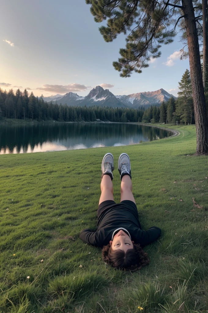 A landscape of a dark field, the dark green lawn and there is a lake in the background, (there is a person taking the photo, but she is lying down and only his feet appear in the photo, he wears all star high tops) the sky is gray, There are big trees, and the forest looks like a forest