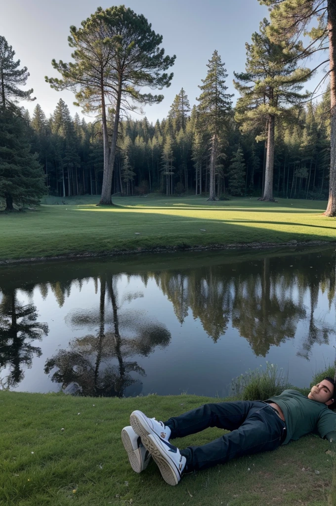 A landscape of a dark field, the dark green lawn and there is a lake in the background, (there is a person taking the photo, but she is lying down and only his feet appear in the photo, he wears all star high tops) the sky is gray, There are big trees, and the forest looks like a forest