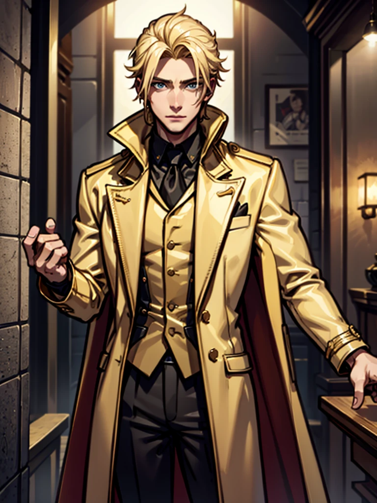 A young man,blond,lightning,Standing,Cool,Gold coat,domineering,HD