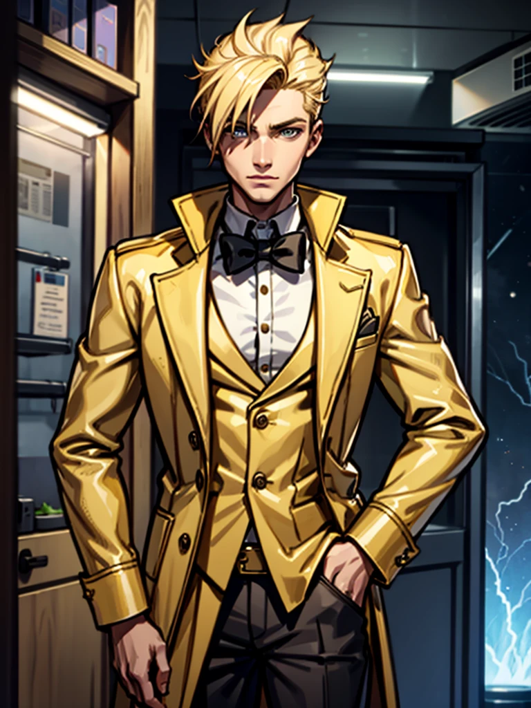 A young man，blond，lightning，Standing，Cool，Gold coat，domineering，HD