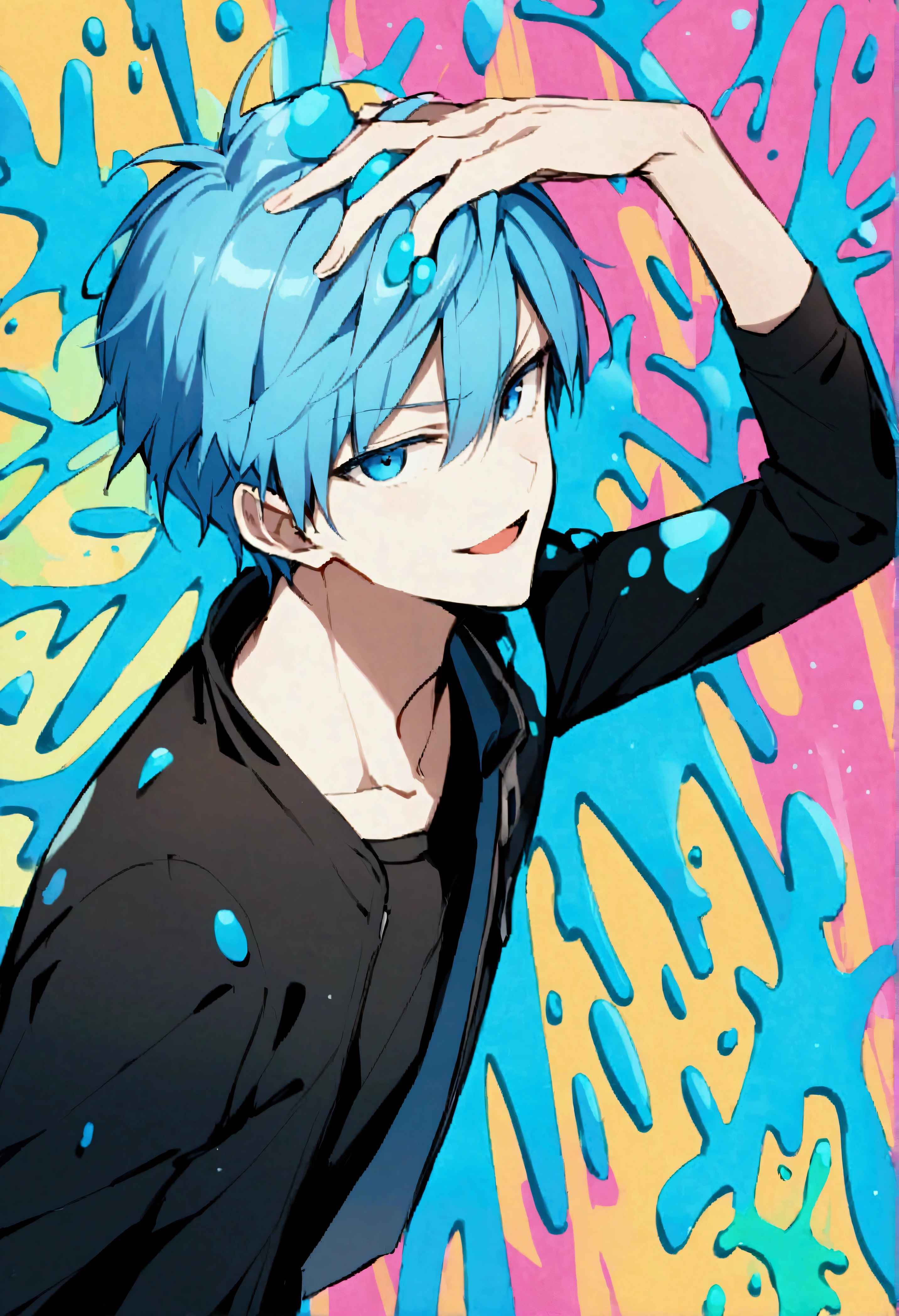 score_9、score_8_up、score_7_up、One Boy、Upper Body、Smile、Frowning、See who's watching、Open your mouth、Put your hands on your head、From the side、Grimmjow、White cropped jacket、Black Shirt、Blue Hair、blue eyes、Ink Tapestry、colorful、Paint splatter on background、Aqua blue paint splatter、Blue paint stains、、Light Blue Background、Dynamic Background、
