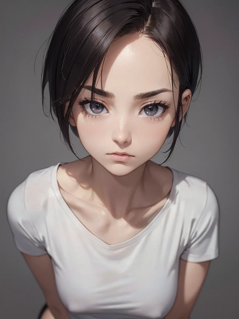 ((Best of the highest quality, 8k, Masterpiece, raw photo: 1.1)), (Sharp focus: 1.1), (1 AESPA, slim body type female, 22 y/o: 1.1), solo, ((tight size simple T-shirt)), face focus, finely small eyes, (forehead, short bob hair: 1.32), (sharp chin, droopy eyes: 1.32), (sad eyes: 1.1), look at the camera
