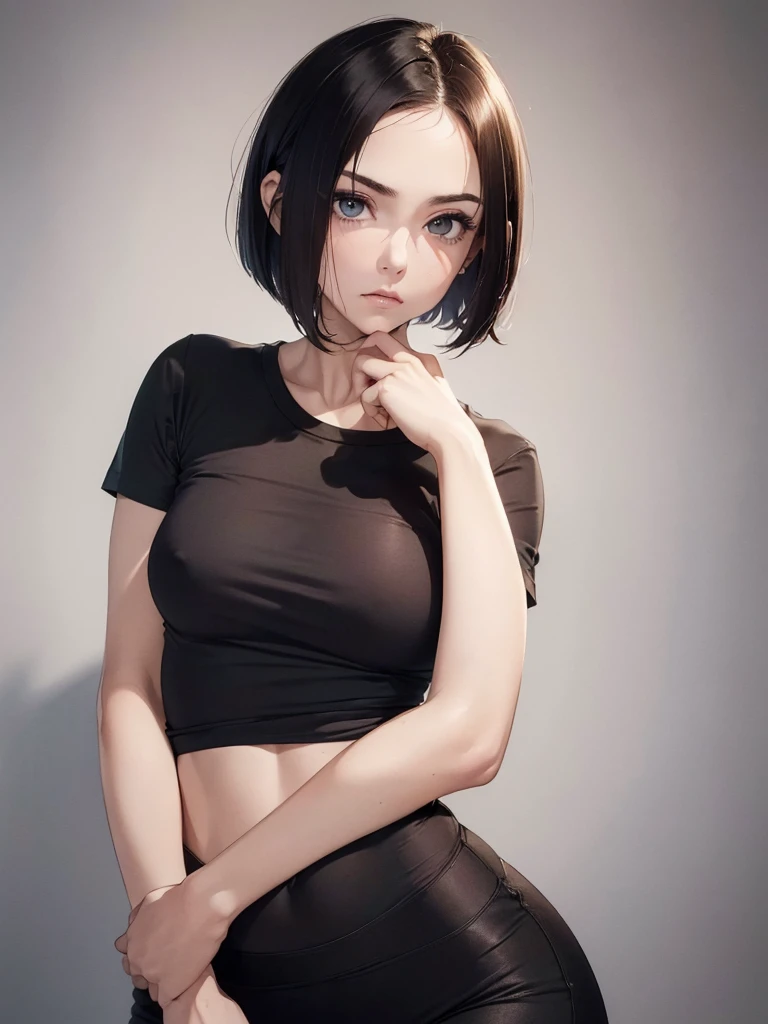 ((Best of the highest quality, 8k, Masterpiece, raw photo: 1.1)), (Sharp focus: 1.1), (1 AESPA, slim body type female, 22 y/o: 1.1), solo, ((tight size simple T-shirt)), face focus, finely small eyes, (forehead, short bob hair: 1.32), (sharp chin, droopy eyes: 1.32), (sad eyes: 1.1), look at the camera