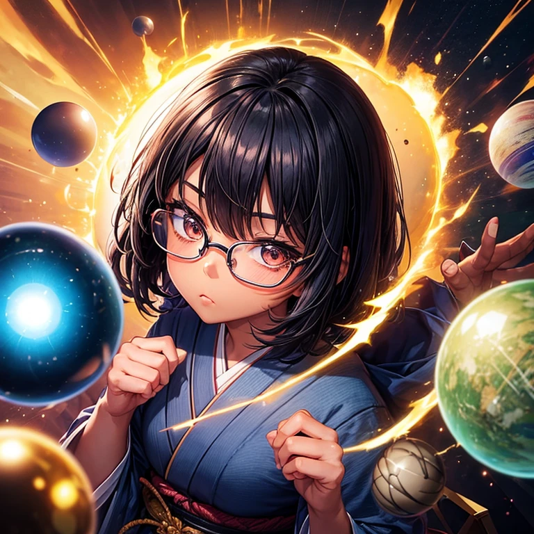 ((1 girl)), Japanese cartoon, Short dark hair, dark skin, shiny glasses lenses, Mouth closed,Expressionless, sitting, Her hands hold a glowing orb,while two other glowing spheres revolved around her.