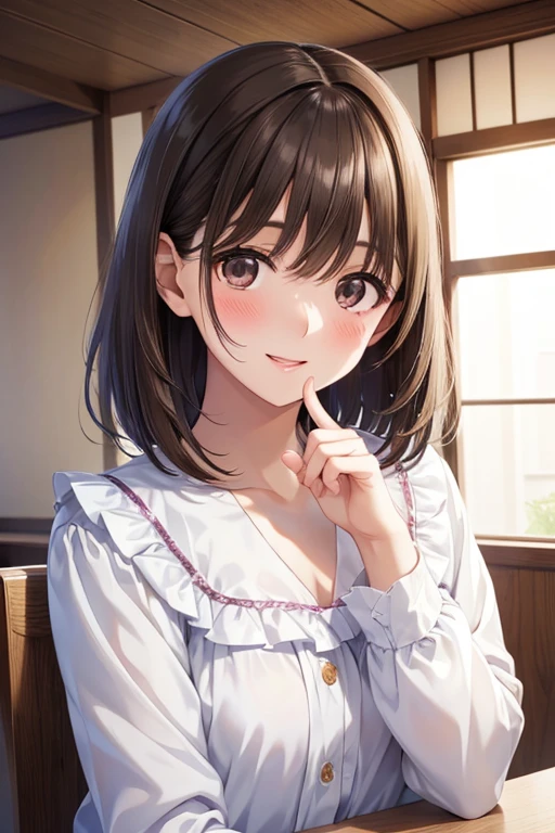 anegasaki nene、Shiny brown hair, short hair, (Beautiful brown eyes、Sparkling eyes, Fine grain)、smile、Ultra-detailed eyes、Highly detailed face, Highly detailed eyes,


(White ruffled blouse) and (Long sleeve), look up, Upper Body, Realistic,  (Pale skin: 1.2), RAW Photos, Realistic, Portrait Photography, Glowing Skin, Japanese Idols、Shiny Hair、(25-year-old woman)  , smile, Open your mouth, (blush:1.3), The background is the interior of the restaurant.、alone、Are standing