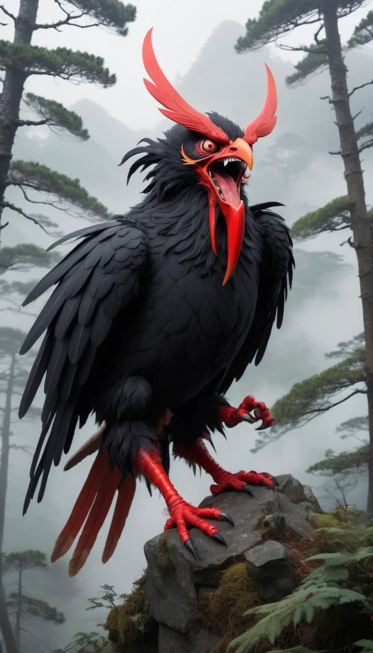 Perched high on a mountain peak, a Tengu watches over the forest below. With its red face, long nose, and fierce expression, it emanates a menacing aura. Its black wings are spread wide, ready for flight, and it wields a fearsome weapon. The background shows a misty, ancient forest, with tall, twisted trees and a sense of lurking danger.