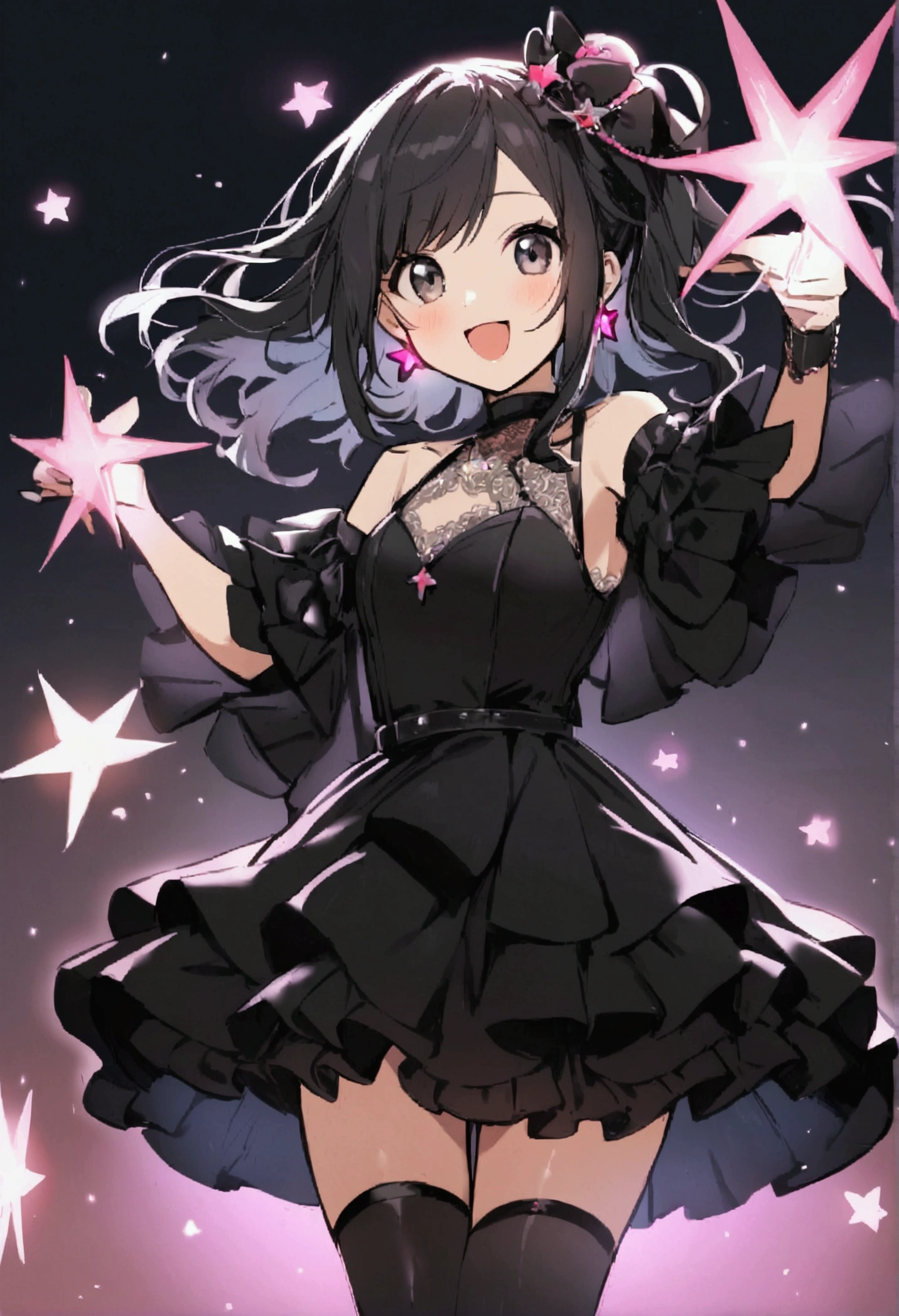 1girl, black hair, pop star