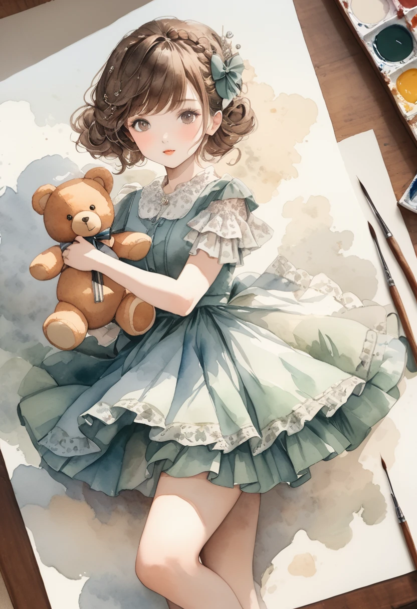 ((antique:1.5)),((hugging a teddy bear)),(Teddy bear),Beautiful and cute woman,1 Female,Solo,Sharp features,Sophisticated,((Watercolor:1.5)),whole body,超High resolution,((Attention to detail:1.5)),high quality,High resolution,最high quality,(vintage:1.4),(Cute pose:1.3),Dull color,So adorable,model like,Fluffy atmosphere,(Accurate body),((antiqueな服)),(Super Detail),Fashionable hairstyle,