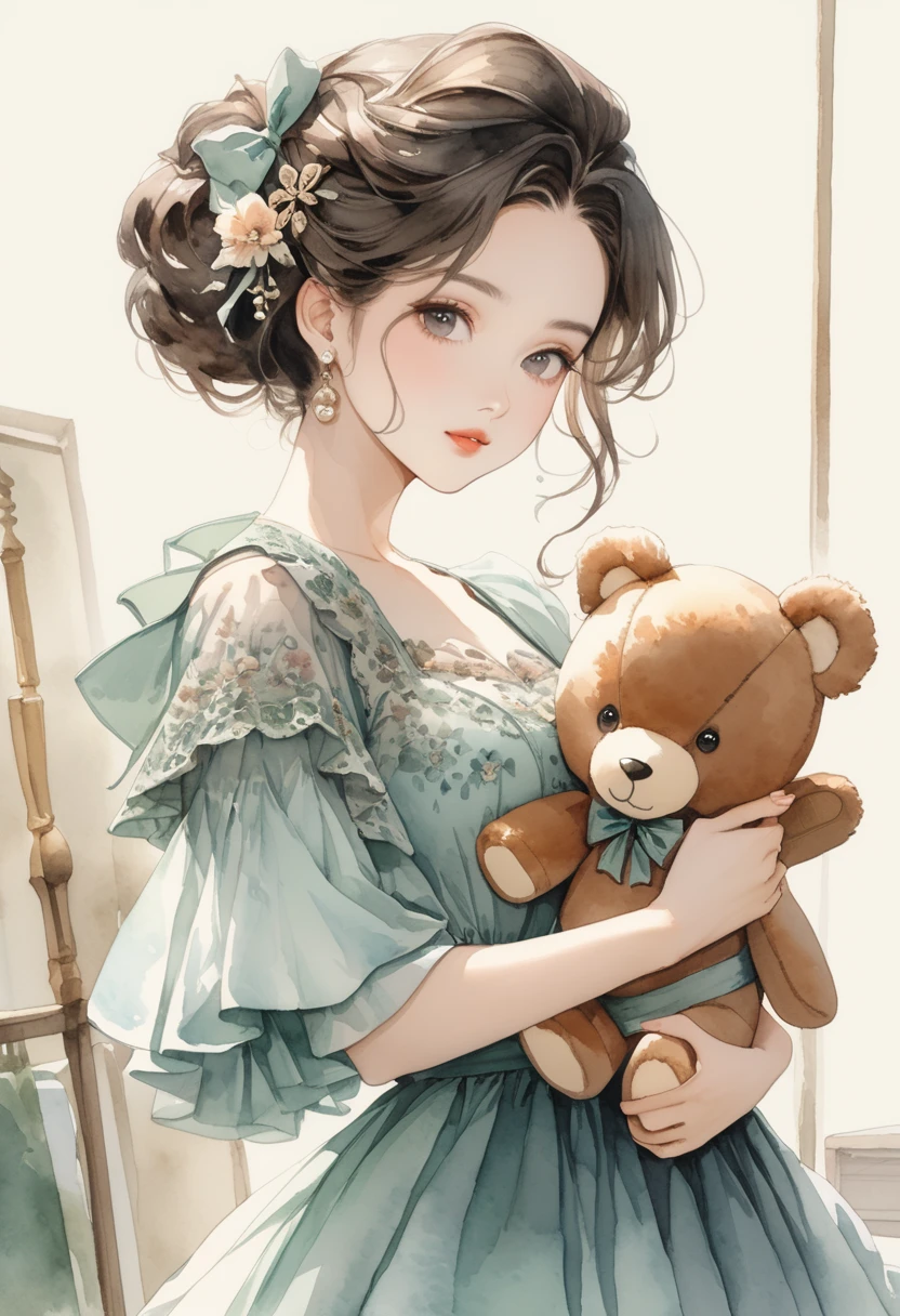 ((antique:1.5)),((hugging a teddy bear)),(Teddy bear),Beautiful and cute woman,1 Female,Solo,Sharp features,Sophisticated,((Watercolor:1.5)),whole body,超High resolution,((Attention to detail:1.5)),high quality,High resolution,最high quality,(vintage:1.4),(Cute pose:1.3),Dull color,So adorable,model like,Fluffy atmosphere,(Accurate body),((antiqueな服)),(Super Detail),Fashionable hairstyle,