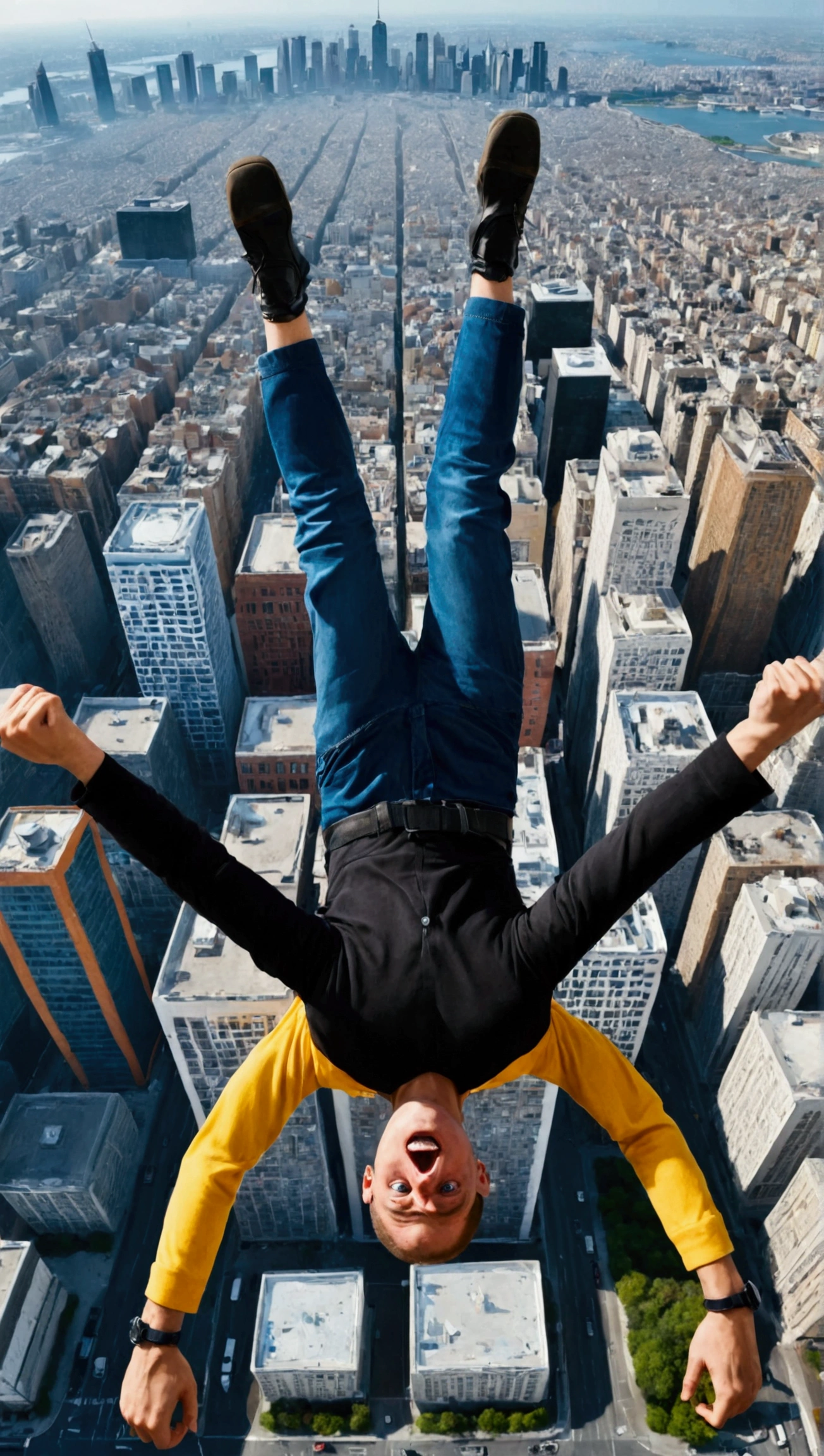A captivating cinematic-style photograph of
A person is in free fall, seen from a panoramic perspective. The city stretches out below, with skyscrapers, smaller buildings, busy streets and cars. The surrounding sky is blue with a few scattered clouds, creating a feeling of great height. The person is in a vertical position, with arms and legs stretched out, as if trying to stabilize the fall. The expression on his face is one of pure despair and fear, with his eyes wide and his mouth open in a silent scream. In the background, the vast city approaches quickly, increasing the sensation of speed and imminent fall. photographic, panoramic view, cinematic, intricate details, perfect eyes, perfect skin, perfect face, 4k photorealistic, realistic image, dynamic lighting, hyper-detailed textures, ultra-realistic and realistic, panoramic view.