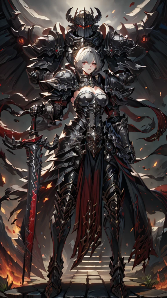 (masterpiece, 4K ,Super detailed:1.2), (anime:1), (Perfect quality), (anger), The whole body is shown, View Viewer, Holding a longsword, Warhammer 40000, Acquired sisterhood, girl, 1 person, Beautiful Face, a Beautiful Face, Perfect Face, Faces of Europe, Expressive features, Correct ??????? of the face, Beautiful Eyes, Beautiful Nose, Facial blemishes, Gray Hair (Hairstyle Bob), Power Armor (red, material: metal, full body armored, Fully armored legs, Lots of details, Eagle on chest), Sister Battle, bolt, Warhammer 40000 style, high resolution, background (dark, Gothic, Temple, Pretentious), Dark fantasy, sf, Super Detalization, Fully grown, photograph, 8k, Realistic