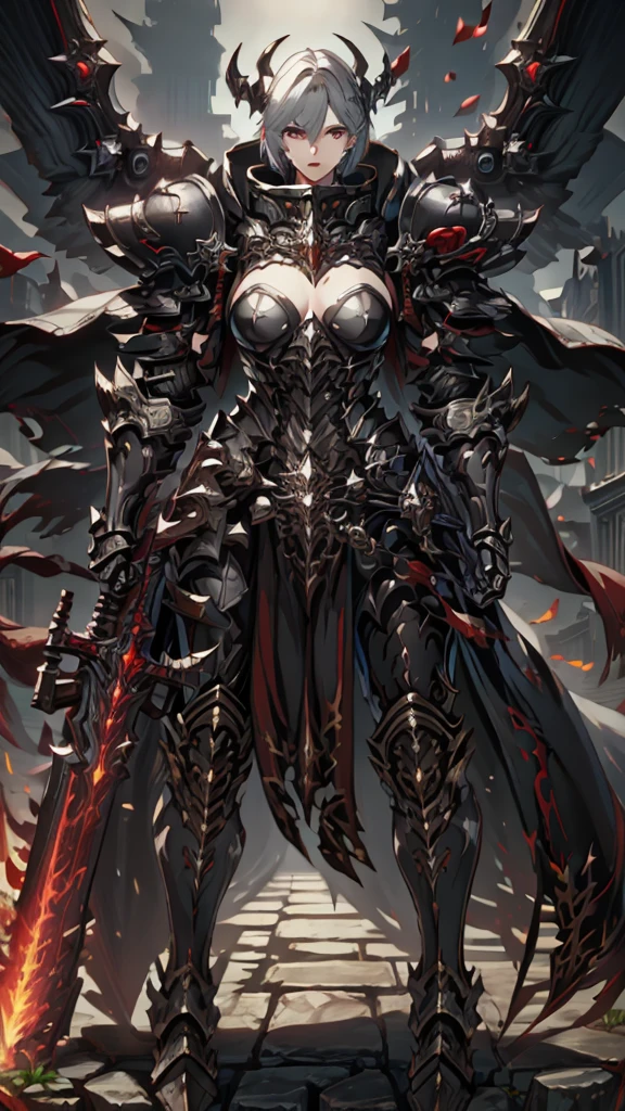 (masterpiece, 4K ,Super detailed:1.2), (anime:1), (Perfect quality), (anger), The whole body is shown, View Viewer, Holding a longsword, Warhammer 40000, Acquired sisterhood, girl, 1 person, Beautiful Face, a Beautiful Face, Perfect Face, Faces of Europe, Expressive features, Correct anatomy of the face, Beautiful Eyes, Beautiful Nose, Facial blemishes, Gray Hair (Hairstyle Bob), Power Armor (red, material: metal, full body armored, Fully armored legs, Lots of details, Eagle on chest), Sister Battle, bolt, Warhammer 40000 style, high resolution, background (dark, Gothic, Temple, Pretentious), Dark fantasy, sf, Super Detalization, Fully grown, photograph, 8k, Realistic