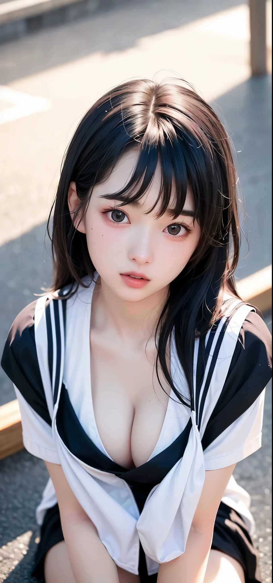 (1 nogizaka girl,ars old face,raw photo,photo realistic:1.5),(best quality, high quality,HDR, highest quality,ultra high resolution,high resolution,high res,ultra high difinition,huge file size,8K,2K wallpaper,8K wallpaper,high quality texture,amazing,an extremely delicate:1.4),one girl, Japanese famous idol,cute face,small face,absurd,ridiculous,incredibly ridiculous,blurry background,(school uniform,sailor suit,shoot from above,short hair,cleavage,no makeup:1.2),medium skin,beautiful skin,detailed skin,black hair,silky hair,black eyes,Japanese nose,5-fingers,(Light Particles, Lens Flare, Luminous Particles: 0.7),looking at viewer,small hands,bright lighting,professional lighting,girl