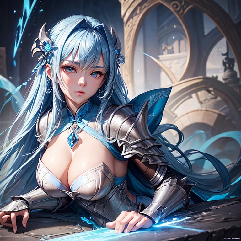 Close-up of a woman wearing a silver and blue dress, Pan Chengwei on artstation, author:Yang Jie, detailed fantasy art, Stunning character art, Best Art Sites for Fan Art, Epic and beautiful character art, beautiful armor, Very detailed artgerm, Detailed digital animation art, artstation pixiv download artgerm, Armor girl