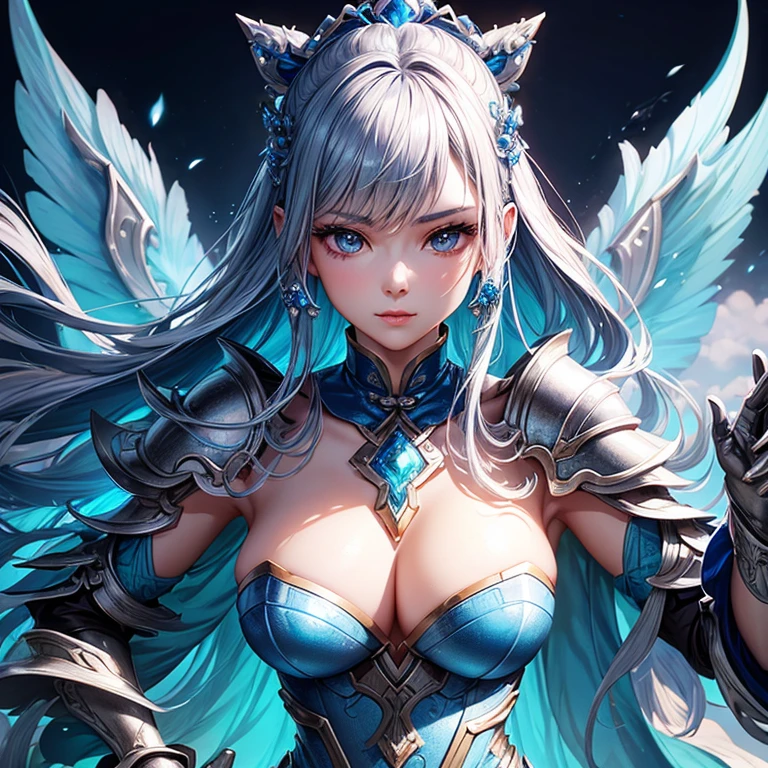 Close-up of a woman wearing a silver and blue dress, Pan Chengwei on artstation, author：Yang Jie, detailed fantasy art, Stunning character art, Best Art Sites for Fan Art, Epic and beautiful character art, beautiful armor, Very detailed artgerm, Detailed digital animation art, artstation pixiv download artgerm, Armor girl