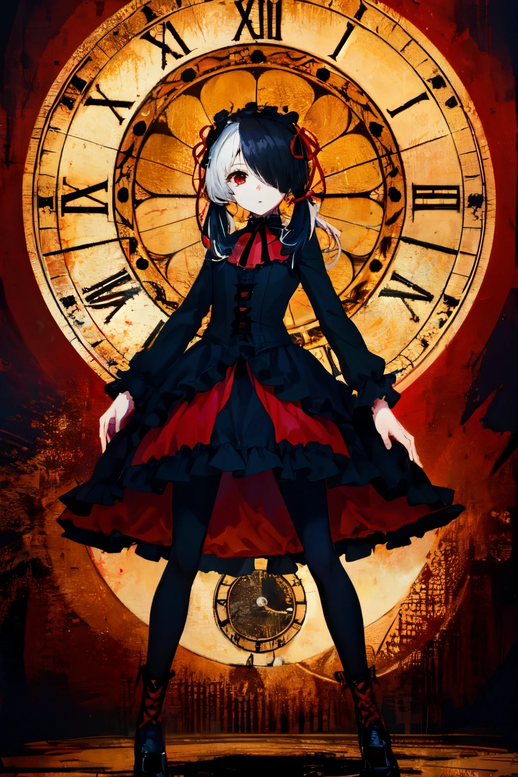 masterpiece, 最high quality, high quality, High resolution, Absurd, Very detailed, Best Anatomy,
Detailed eyes, Perfect Eyes, The body is slim, Slim legs,
One girl, alone,Very small breasts and a super body,tokisaki kurumi, Clock Eye, Black Hair, Twin tails, (Red eyes:1.5), (Yellow Eyes:1.5), (Heterochromia iridis:1.5),, tokisaki kurumi, Clock Eye, Black Hair, low Twin tails, (Hair on one eye:1.5), (Red eyes:1.5),, , Jacket, pantyhose, Pleated skirt, black pantyhose,, hair band, dress, bow, ribbon, (Gothic fashion:1.5), Gothic,