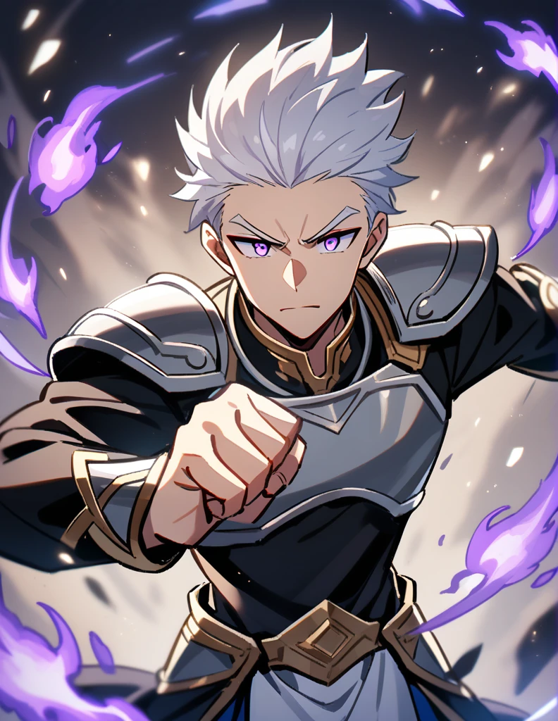 Greek boy with shoulder-length long white hair, violet eyes, wears silver shoulder pads, hardened, throwing a big punch with his fist full of purple fire