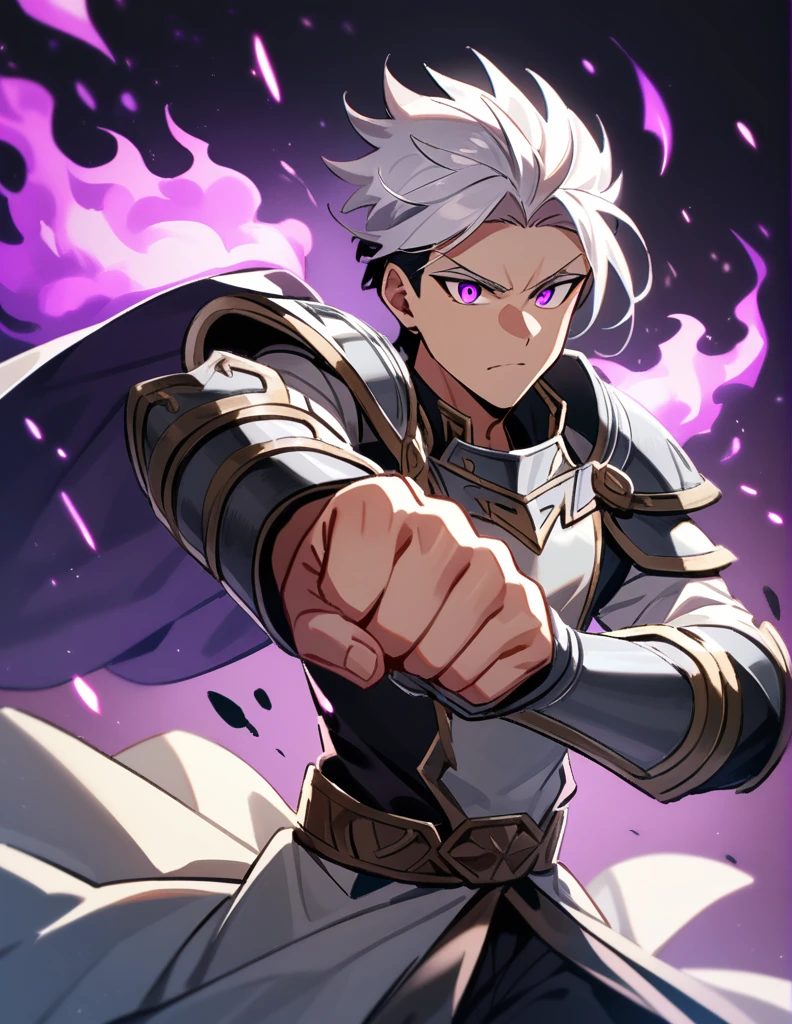 Greek boy with shoulder-length long white hair, violet eyes, wears silver shoulder pads, hardened, throwing a big punch with his fist full of purple fire