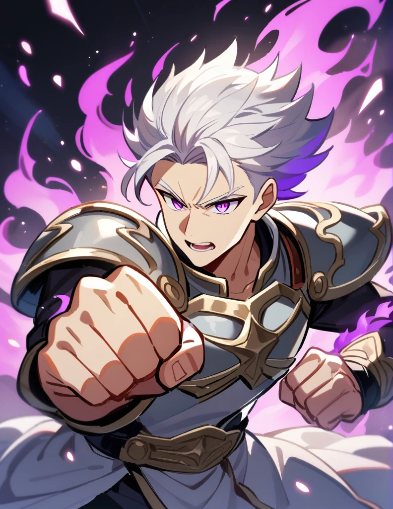 Greek boy with shoulder-length long white hair, violet eyes, wears silver shoulder pads, hardened, throwing a big punch with his fist full of purple fire