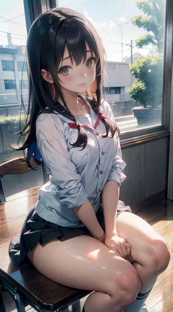 Anime girl sitting at desk in classroom at blackboard, beautifulアニメのhigh school girl, cute anime girl, white pantiesー,cute, seductive anime girl, anime moe art style, squatbeautifulanimegirl, anime best girls, Smooth anime CG art, attractive anime girl, cotton panties,surgenuine , young anime girl、wear sneakers、white panties、full color、(pieces fly、 highest quality:1.2)、High resolution、High resolution、in 8K、genuine real action、RAW photo、highest quality、masterpiece、 very delicate、High-definition RAW color photo、professional photography、 wonderful face and eyes、超High resolution、RAW photo、beautiful、beautiful、beautiful girl、(alone:1.2)、 black hair、、blush、smile、flat 、 、view audience、squat、(Crouching panty shots:1.2)、fully exposed panties、blush、shy smile、outdoors、outside the house、Obscene content、porn、high school girl、Sitting alone'knees、sit with your heels on the ground、Hold your knees with both hands、shins facing forward、body facing forward、sit with your heels on the ground、spread legs、open crotch、white panties、8k photo、Live shooting、最High resolution、masterpiece:1.2、genuine、photogenuineistic、high contrast、photon mapping、genuineism、Super detailed、professional lighting、Low - Angle:1.2)、(1 girl)、(alone:1.5)、(Height is 165 centimeters), (18才のhigh school girl), (Japanese high school uniform)、(summer blouse:1.2)、(plaid short skirt:1.2)、(white shirt with student ribbon:1.2)、(squatting looking at the front)、(open crotch:1.2), (white panties:1.5)、(camel toe)、(white sneakers:1.2)、 (perfect proportions:1.2), (Hard to see from under the skirt:1.5), (The detailed shape of the female pubic area is clearly visible:1.4), (have pubic hair:1.4), (rough skin)