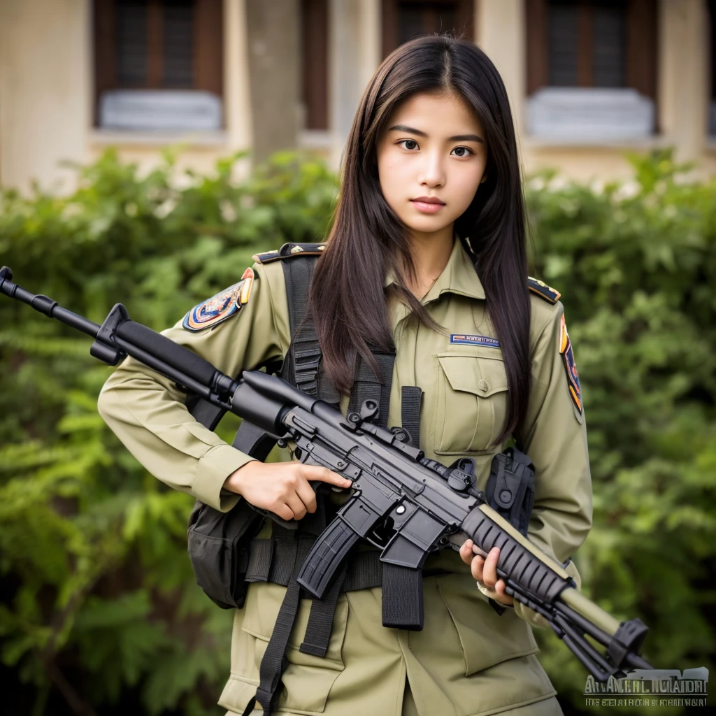 Masterpiece, beautiful 20 year old Indonesian woman in student uniform holding AK47 rifle, long hair, slim athletic body, detailed eyes, proud Indonesian female student, portrait of female student, female student portrait, beautiful female student, Indonesia, about a sniper girl in the war, holding a rifle AK47, holding a rifle, arms folded, portrait of a female city guard, standing in the middle of the city, portrait taken from below, portrait taken, by Arthur Sarkissian, face full of determination, with an AK47 rifle, with an AK47 rifle in hand, very high resolution .photorealistic: 1.4, UHD, beautiful city background,.