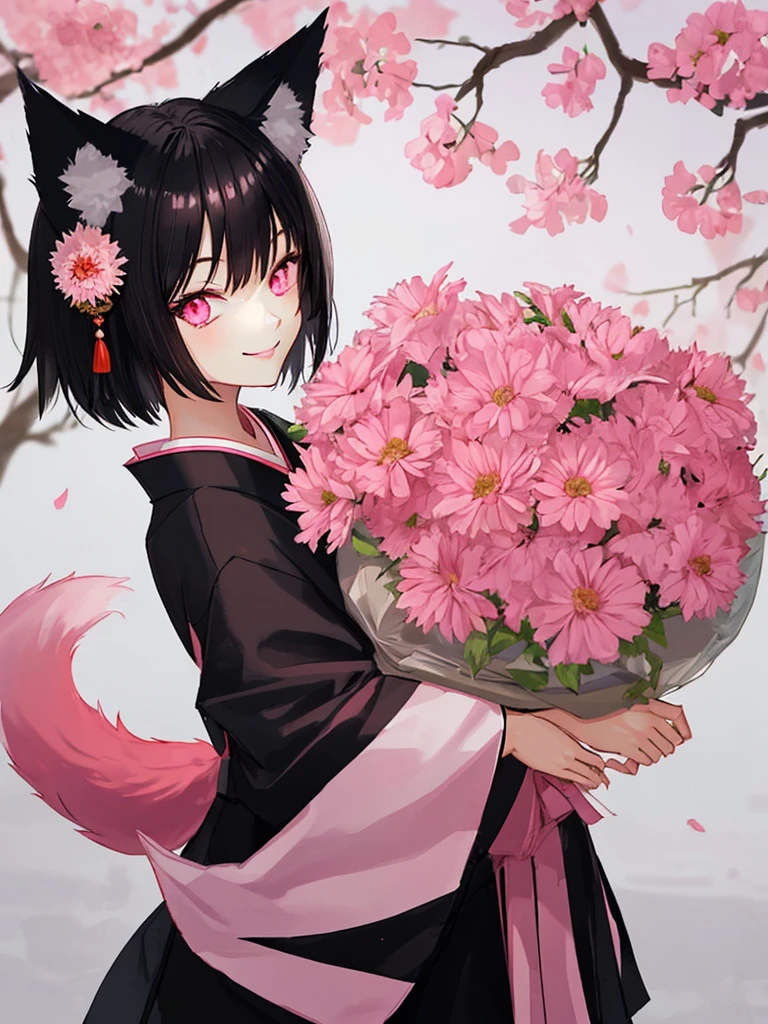 fox ears,black hair,short hair,pink eyes,Japanese clothes,have a bouquet,smile