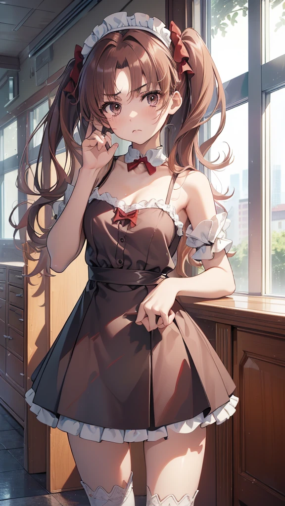 (highest quality, 8K, masterpiece, best image quality,  ultra hd, delicate and smooth skin, real looking skin, perfect and beautiful face ,perfect and cute face, high detail skin, perfect limbs、thin waist、thin legs)、NSFW、grumpy face、twin tails、brown hair、red ribbon、(Maid clothes)、locker room、
