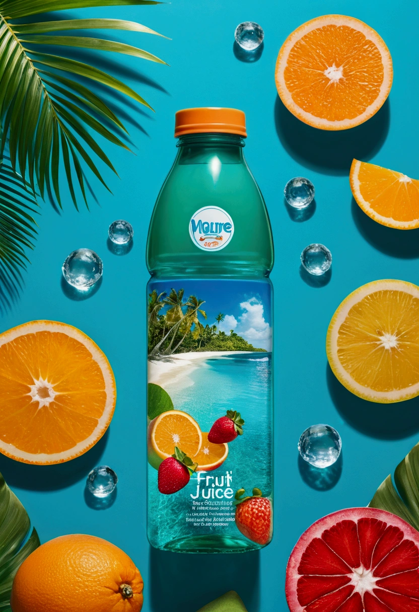 
"A hyper-realistic image of a fruit juice bottle floating in the crystal-clear sea. The bottle is transparent, showing the vibrant colors of the mixed fruit juice inside, with pieces of fresh fruit like oranges, strawberries, and kiwis. The label on the bottle is detailed, featuring a logo with a tropical theme and colorful, modern typography. The sea around the bottle is a serene turquoise, with gentle waves and sunlight reflecting off the water's surface. In the background, there are soft, sandy beaches and lush, green palm trees swaying in the breeze. The sky is clear with a few fluffy clouds, and the overall scene exudes a tropical, refreshing vibe."