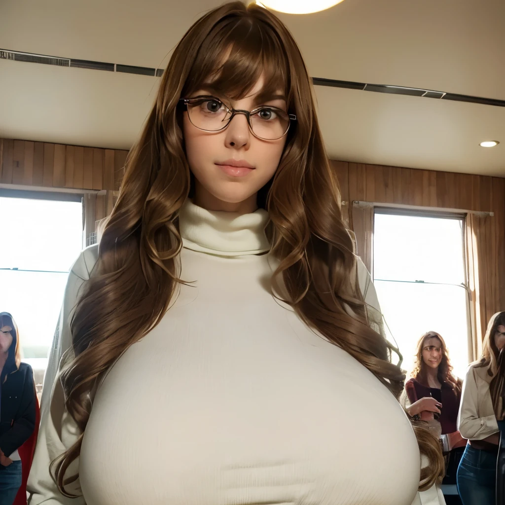 professional pose, (24mm wide angle lens:1.5), (medium cowboy shot), (side view:0.95), (candid), (casual), fun, happy, soft lighting, backlit, younger, extremely tall age Aubrey Plaza aged 18, standing behind bar, aged 18, cute, joy, (looking away), sfw, (very extremely tall teen:1.5), (taller than other people:1.5), (6foot7 tall:1.5), (very extremely long torso:1.5), (very extremely long neck:1.5), (skinny:1.2), (arafed), (slim:1.2), (large head:1.2), coffee shop, trendy, latte, many customers, busy, barista, crowd of diverse people, many different people, hidden symmetric breasts, tucked-in very long plain loose long-sleeve sweater, sweater breasts, plain loose denim pants, belt, detailed beautiful bright symmetric eyes, light auburn hair, (huge colossal gigantic breasts:1.3), (big flowing extremely long curly hair:1.3), bangs, huge round thick glasses, pale green