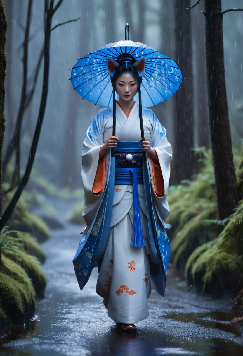 Masterpiece, Extremely detailed, , close distance shot, (A beautiful kitsune woman walking in a rainy forest holding a small ball of blue fire), facing viewer, dynamic pose , fox ears, nine fox tails, traditional Japanese clothing. 