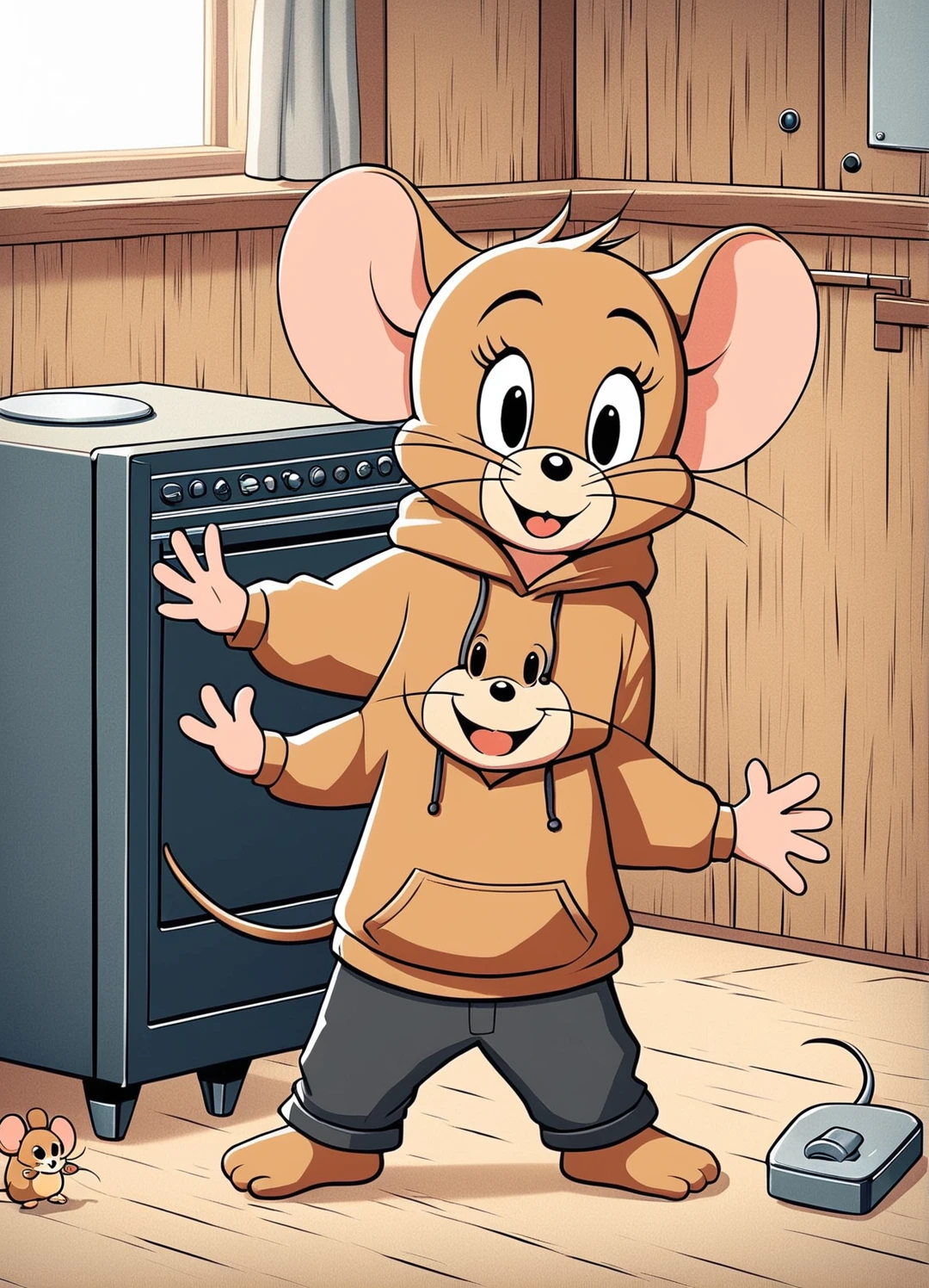 Jerry,mouse,Brown hoodie,Black trousers