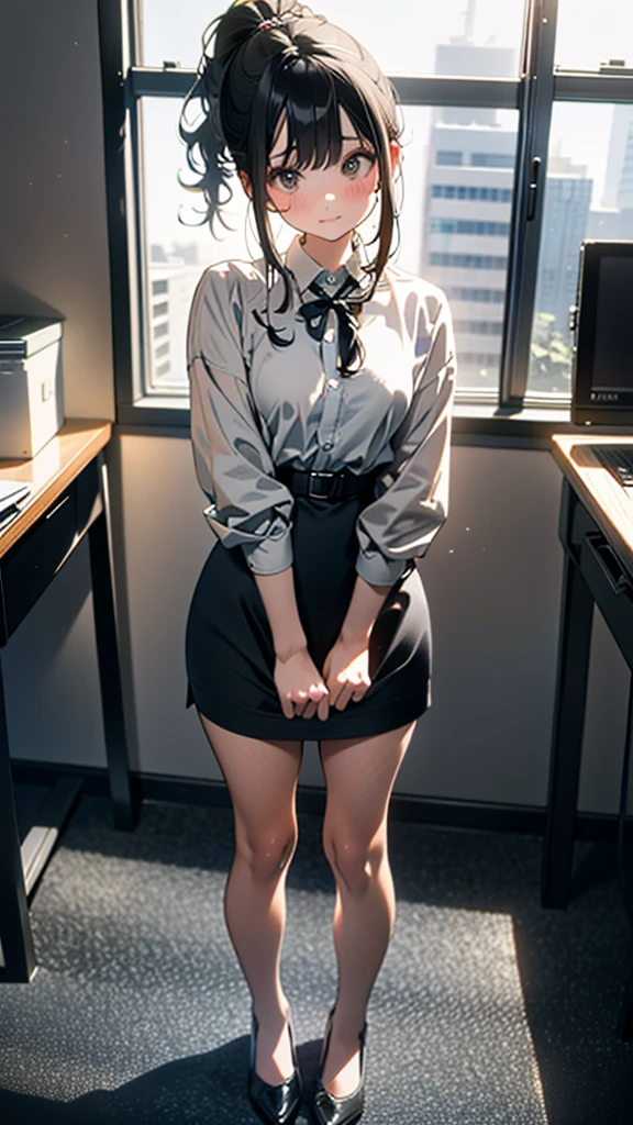 (8k, RAW Photos, 最high quality, masterpiece:1.2), high qualityのRAWカラー写真, Professional photo shoot, Cinematic Light, alone, (((young woman, Gal))), (Sharp features), (Small face), (Skin with attention to detail:1.2), clavicle, Cute Face, Beautiful appearance, Long eyelashes,Embarrassed, (Black Hair, ponytail), ((office)), Black heels,,Embarrassed, Artistic painting,Attractive thighs, (Very nice touch:1.2),A shy smile), Peaceful atmosphere, Oil painting style, Bright colors, (Are standing:1.5, office, Full body portrait), Smooth texture, Gazing Eyes, Beautiful Skin, Glowing Skin, ((Perfect Fingers, Five Fingers, Anatomically correct)), Background Blur, high quality, Surreal, ((Very detailed, photo shoot)),Many people々、blush、Plump、((businessシャツ))、School classroom、((タイトmini pencil skirt))、Full Body Shot、Black Pantyhose、Surrounded by students at school、((officeレディ))、Grab the skirt、mini pencil skirt、blushしてうつむく、Plump、gentlemen、business、Tight Skirt、Plumpの太もも
