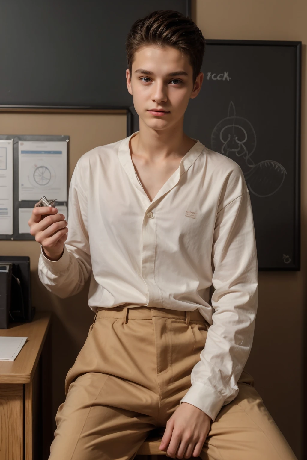 A young male twink, 22 years old, with a cute, angel-faced face with makeup and black hair, wearing a luxurious, long-sleeved, white shirt and brown medieval pants. Behind him is a blackboard with the shape of the brain, its anatomy, and brain cells written on it. He looks proudly as he sits at a desk with medical tools on it.  He has an innocent face