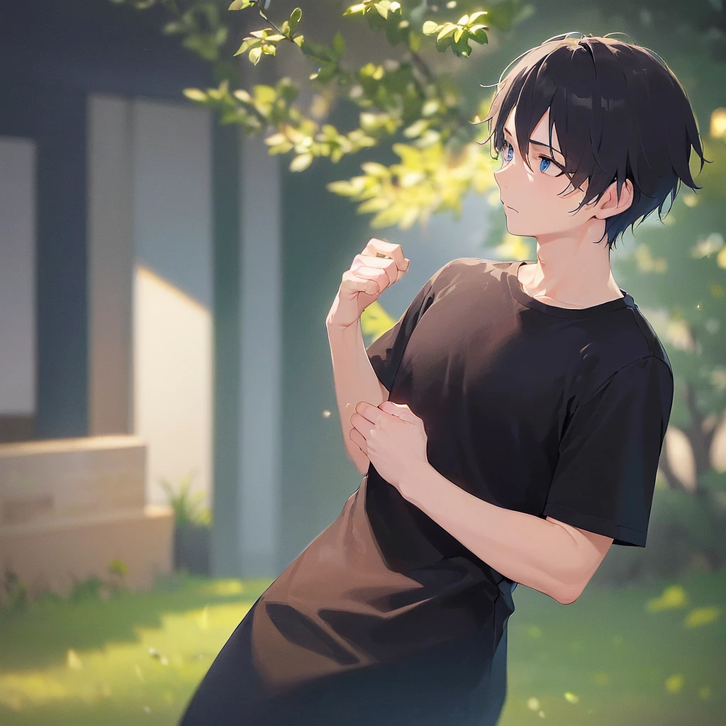 (looking away:1.5),upper body,
shiny skin, masterpiece、Highest quality、(30-year-old male:1.5) and (Black short hair) and (blue eyes)
(black) and (T-Shirts),I'm thrilled、
Night Park、(Night Sky:1.5)、grass、(alone:1.5)
