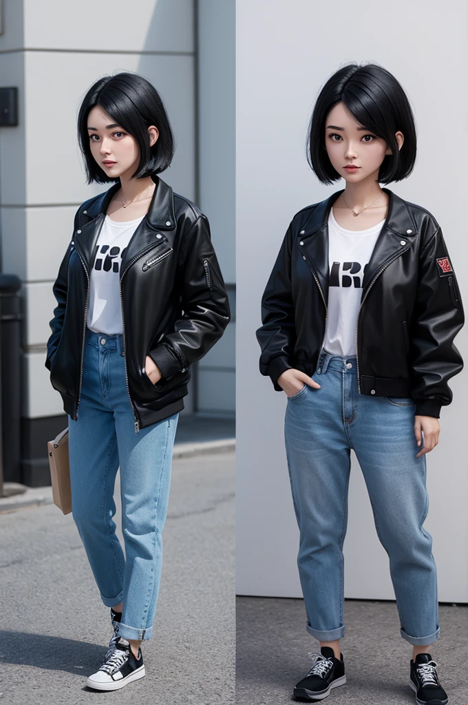 Pixar style 3D woman, 27 years old, straight black hair with a side burn