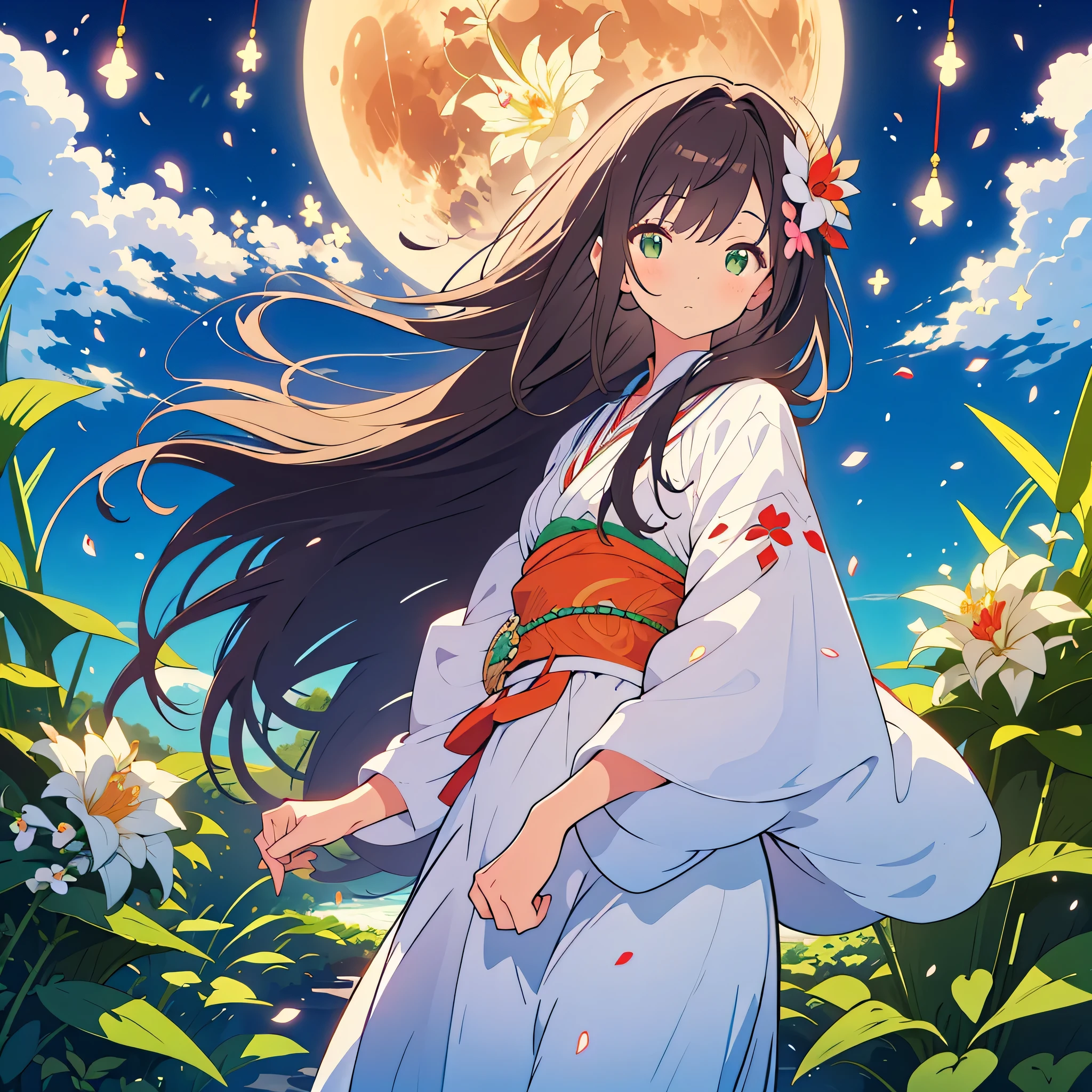kawaii, anime, Cute, hyper quality, highly detailed, 8k, Clarity, dark brown long hair, green eyes, Moonlit beauty flower, Epiphyllum oxypetalum flower, upward glance, Front facing, come close, A pure white full moon in the sky, moonlight, shining hair, Moist eyes, Draw facial expressions in detail, A Queen of the Night, Dutchmans pipe cactus, Hanafuda art, flowers, birds, wind and moon, A white flower with radiating petals, moonlight, large white flower, The wind is blowing, White flower,