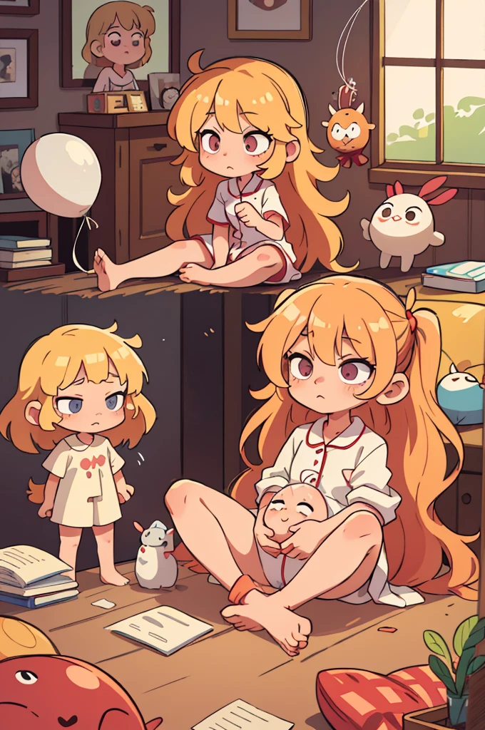 ((Highest quality, masterpiece)),
Messy Hair、long blond、Perm、pajamas、Bedroom、sleep、Spread your legs wide、Transparent balloon from nose、close ~ eye